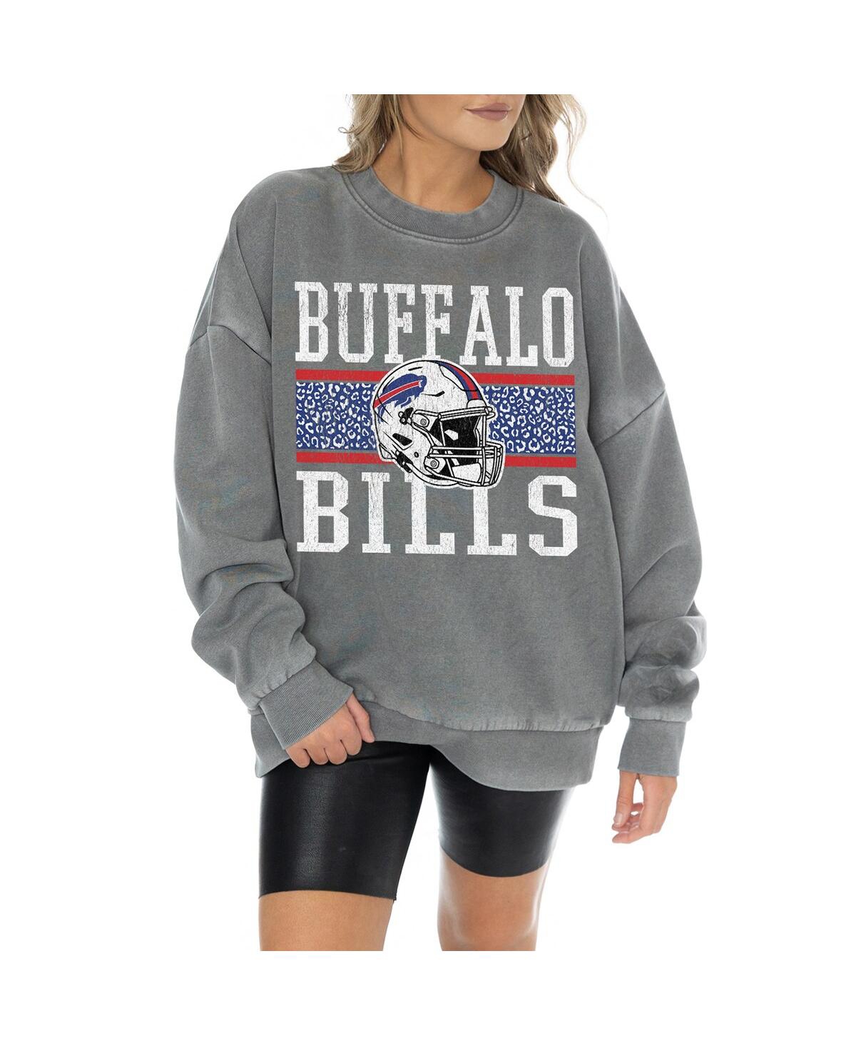 GAMEDAY COUTURE WOMEN'S GRAY BUFFALO BILLS VINTAGE WASH OVERSIZED CREWNECK FLEECE PULLOVER 
