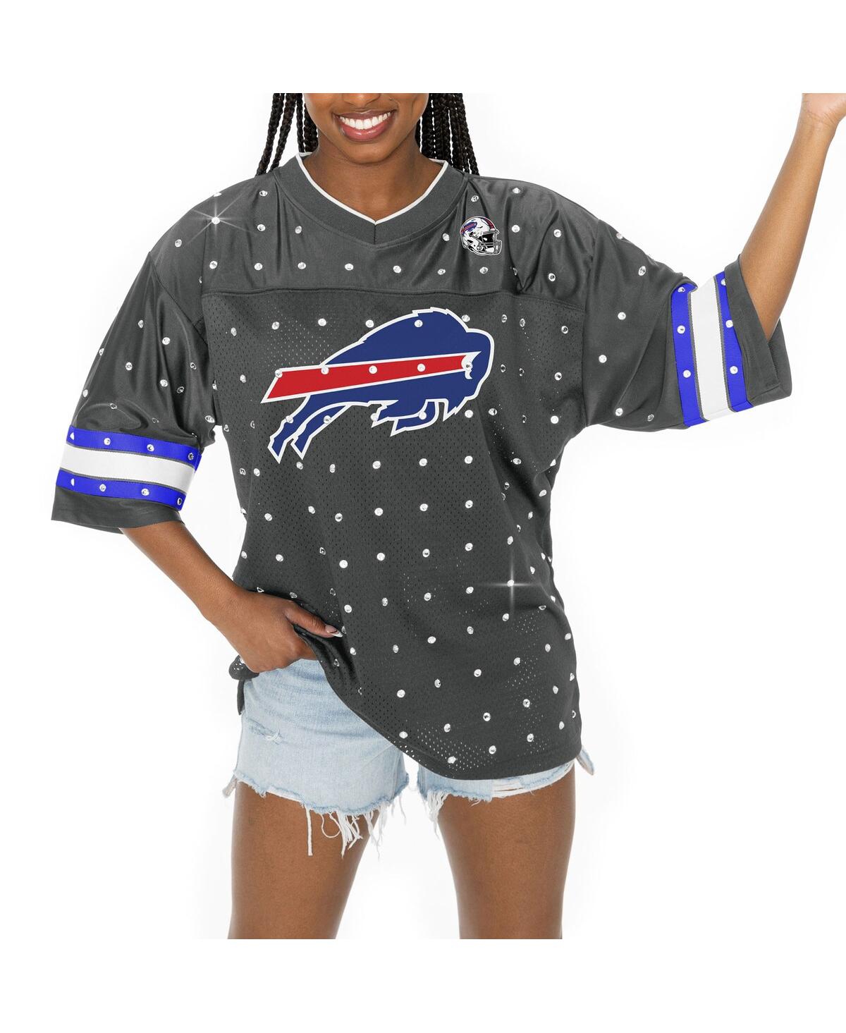 Gameday Couture Women's Anthracite Buffalo Bills Kickoff Time Allover Rhinestone Sports Stripe Jersey V-neck T-shirt In Anthracite,royal
