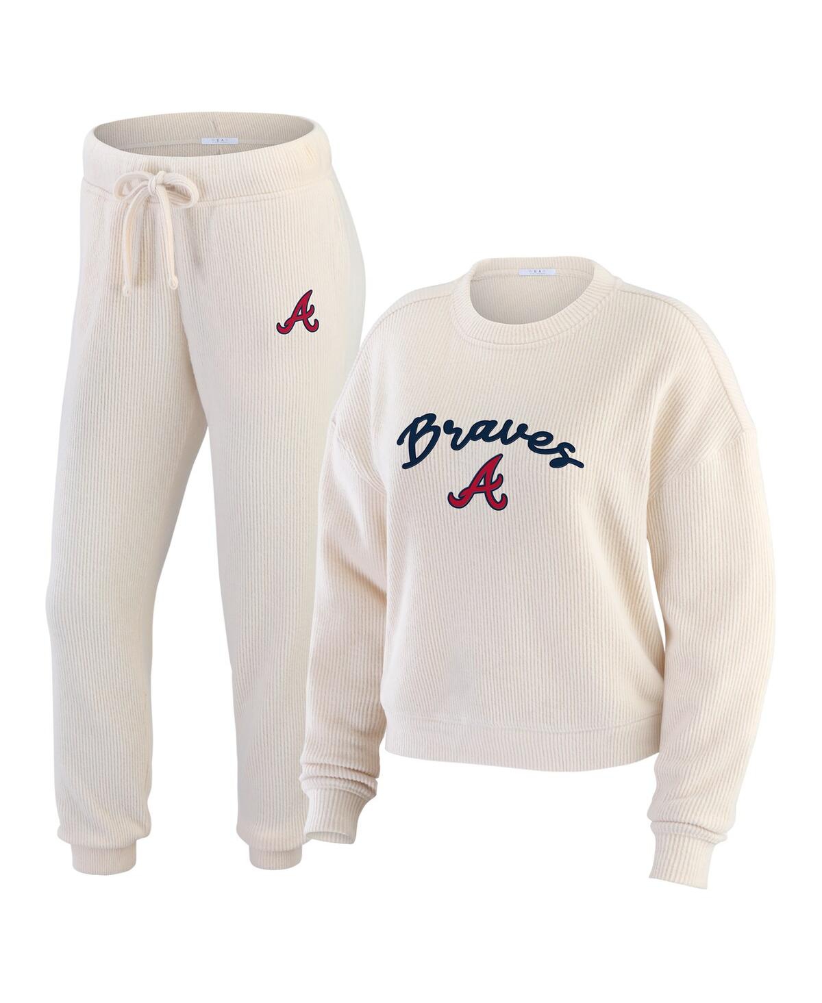 Wear by Erin Andrews Women's Oatmeal Atlanta Braves Rib-Knit Long Sleeve T-Shirt Pants Lounge Set - Oatmeal
