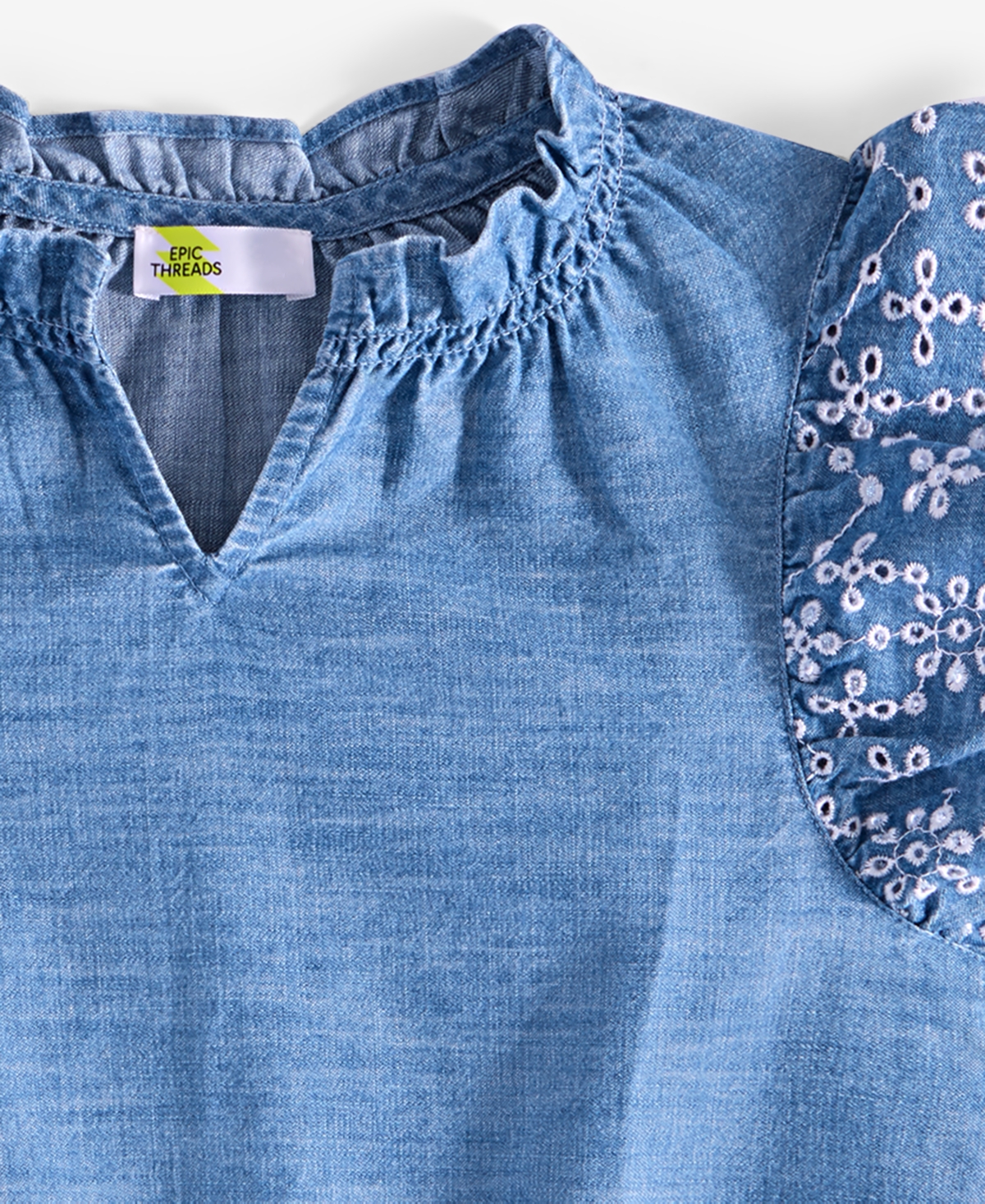 Epic Threads Kid Girl Eyelet-trim Chambray Top, Exclusively At Macy's In Lt Medium