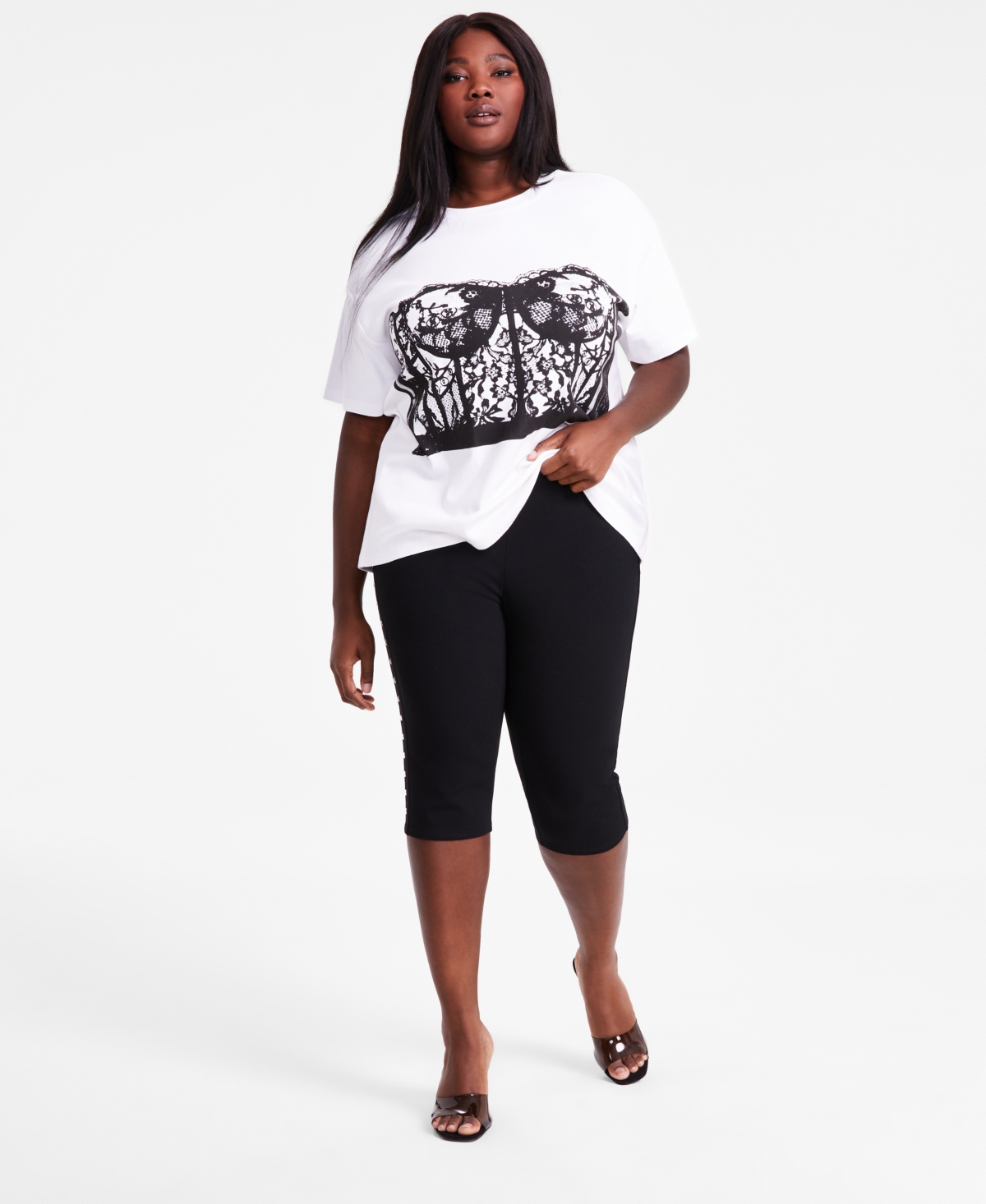 Trendy Plus Size Pull-On High-Rise Stud-Trim Capri Pants, Exclusively at Macy's - Deep Black