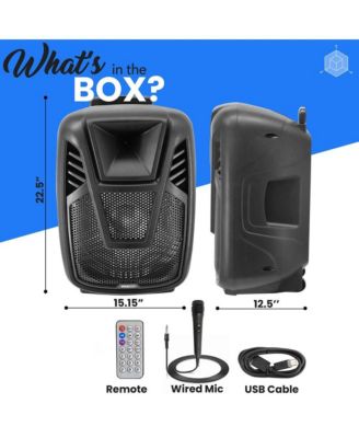 15" Portable Speaker – 80W Max, LED Lights, Wheels, Handles, Remote, Digital Amp, Rechargeable Battery – PA Loudspeaker System