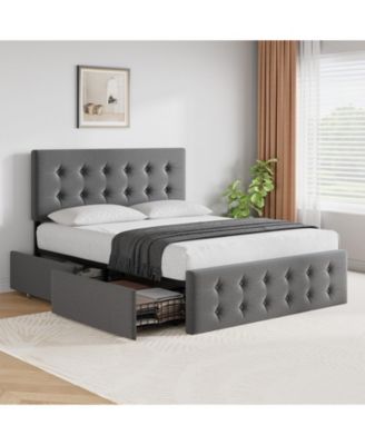 Full Size Bed Frame - 4 Storage Drawers, Adjustable Linen Headboard