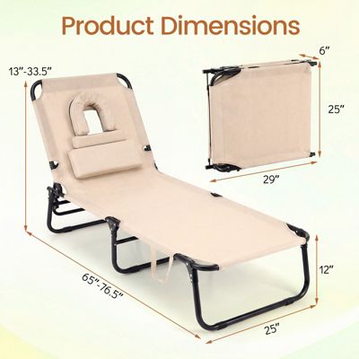 Folding Beach Sun Lounger Adjustable Face Down Tanning Chair w/ Face Hole and Removable Pillows Sand