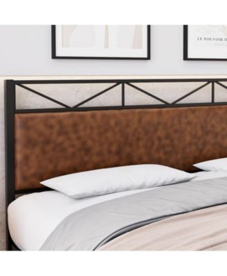 King Bed Frame, Metal Platform Bed Frame with Rustic Vintage Soft-breaded Headboard and Footboard, Noise Free, No Box Spring Needed, Easy Assembly, Large Under Bed Storage