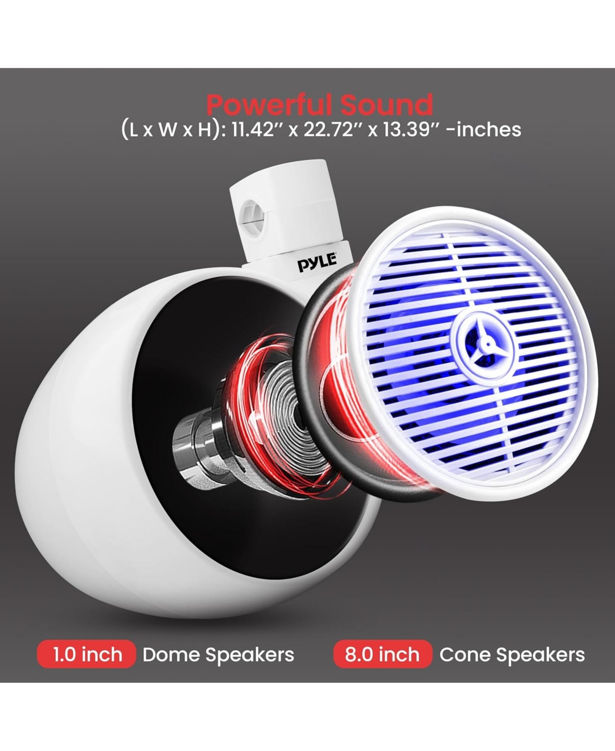 Pyle 8'' Marine Bluetooth Wakeboard Speaker System with Led Lights, 300W, White