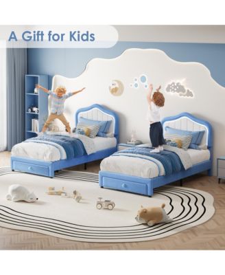 Twin-XL Upholstered Bed Frame with Storage Drawers, Cute Girls & Boys Bed with Adjustable Headboard