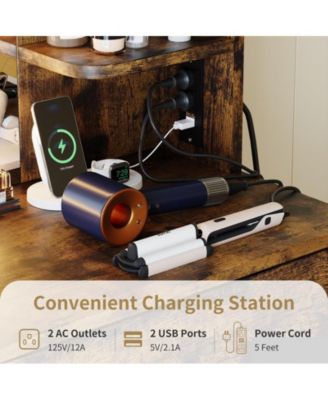 Vanity Desk with Mirror and Lights, Makeup Vanity Set w/Desk and Stool, Power Outlet, Vanity Table w/6 Storage Shelves, 2 Large Drawers and 3 Color Adjustable Brightness