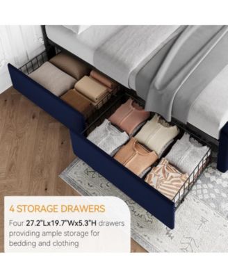 Queen Size Bed Frame with 4 Storage Drawers and Headboard, Velvet Upholstered Platform Bed Frame with Wooden Slats Support, Button Tufted Design, No Box Spring Needed