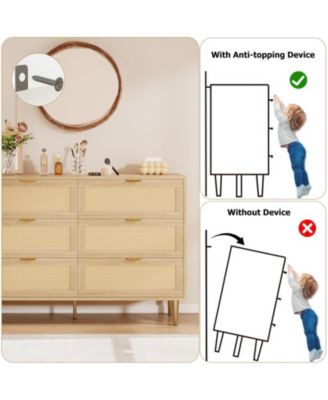 Rattan 6 Drawer Dresser, Farmhouse Wooden Chest of Drawers with 5 Metal Legs, Golden Handles, Wide Double Drawer Dresser for Bedroom, Living Room