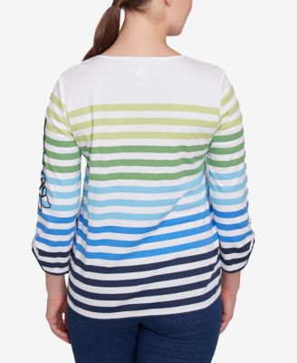 Petite Striped Embellished Three Quarter Sleeve Top