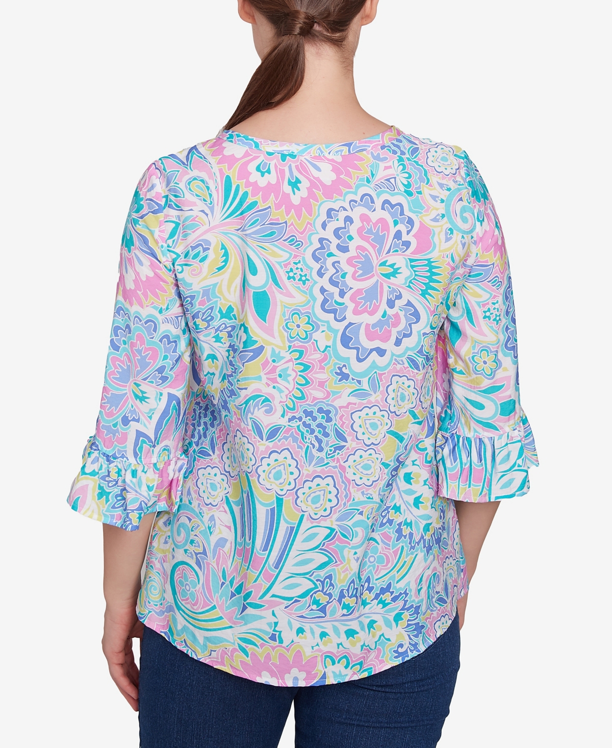 Ruby Rd. Petite Utopian Floral Silky Button Front Top In Capri Blue Multi