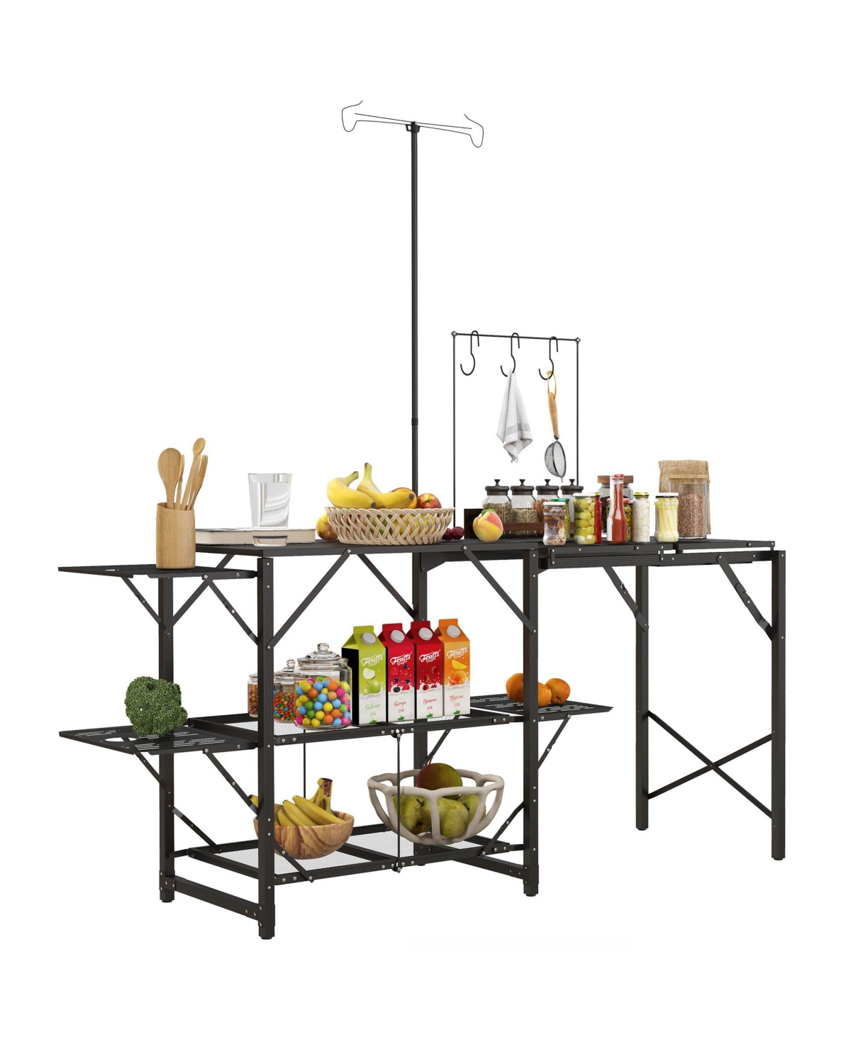 Folding Camp Kitchen, Cooking Station with Adjustable Lamp Sd - Black