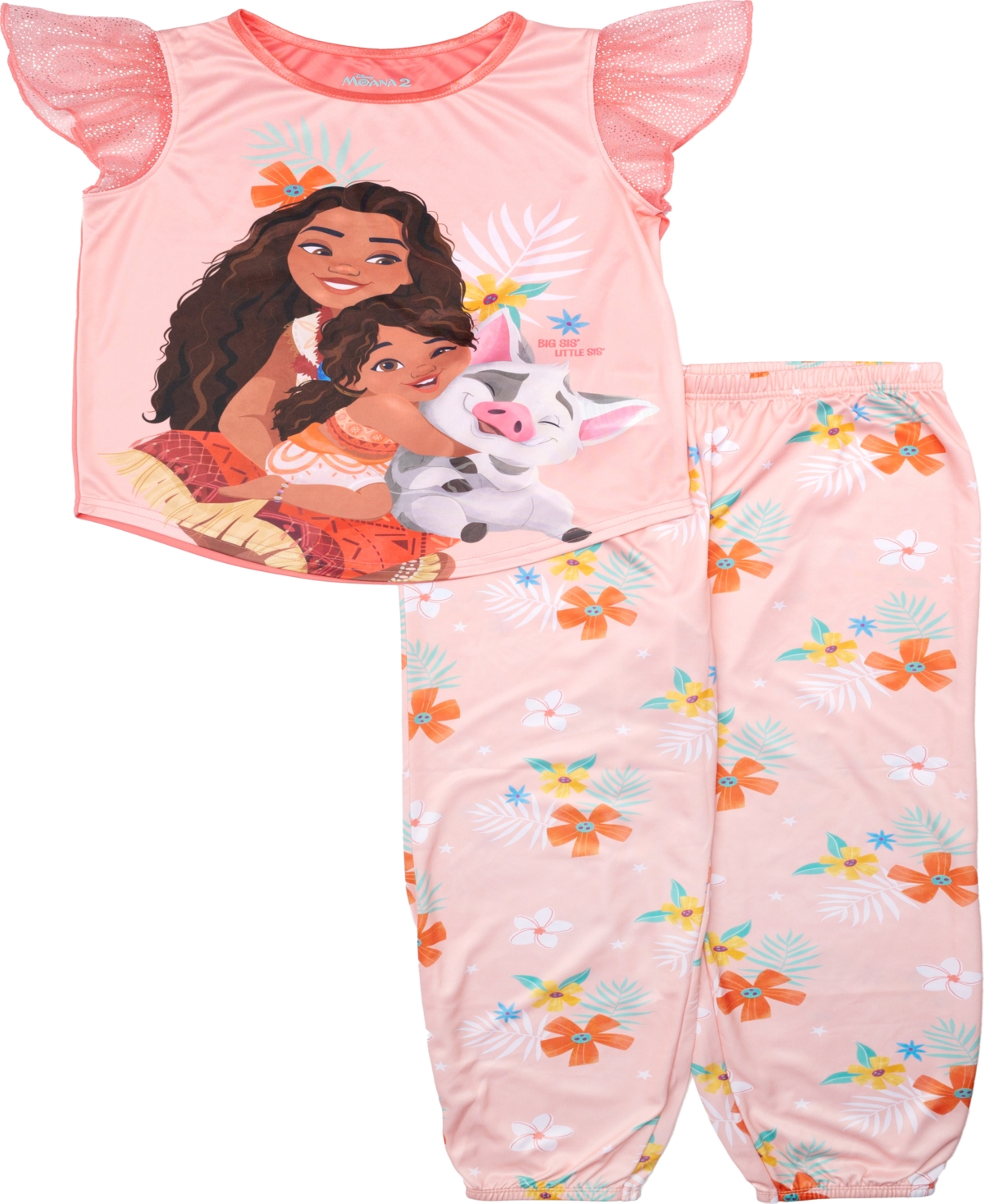 Moana Little And Big Girls Short Frilly Sleeves And Jogger Bottom, 2-piece Pajama Set In Assorted