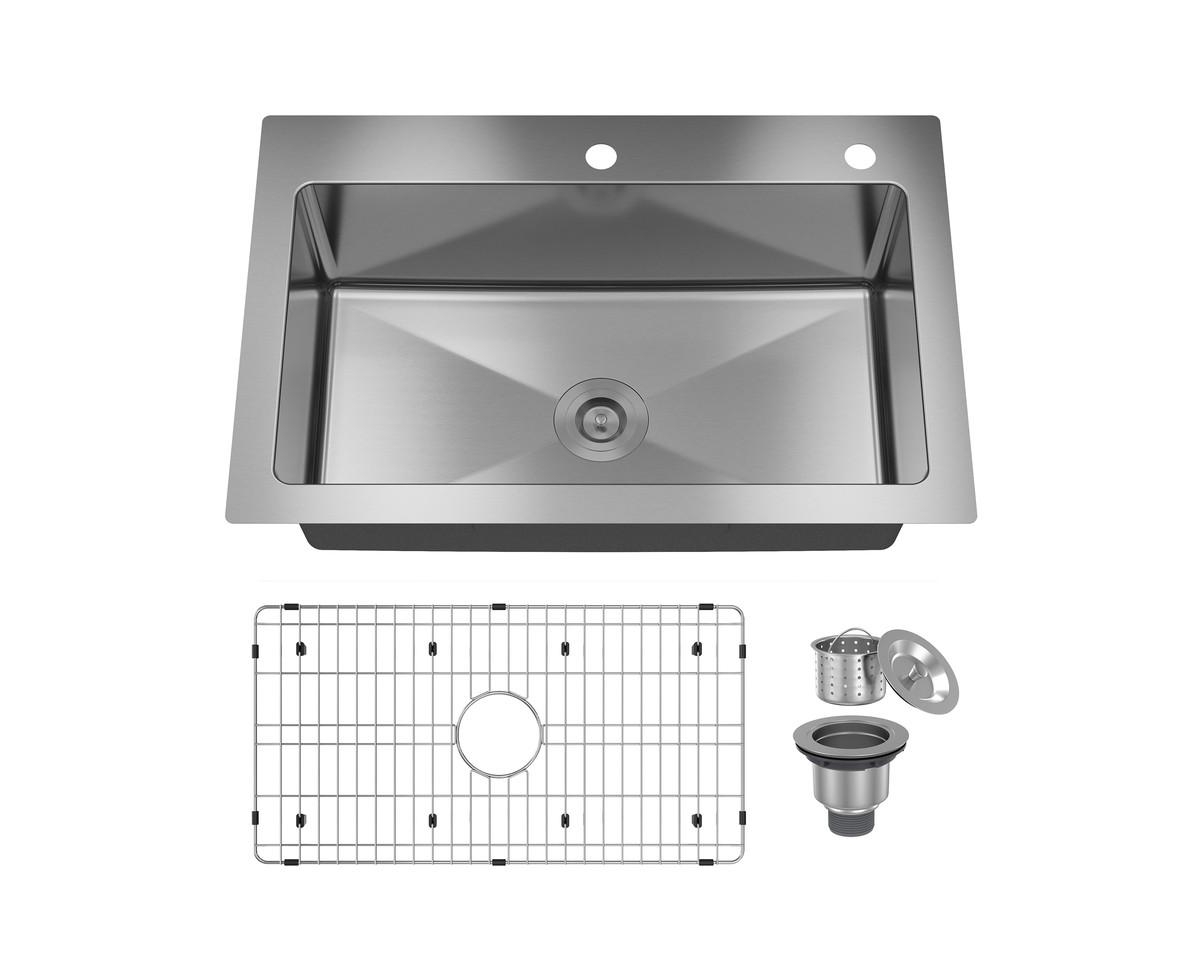 33inch L x 22inch W Drop-in Kitchen Sink with Accessories - Brushed nickel