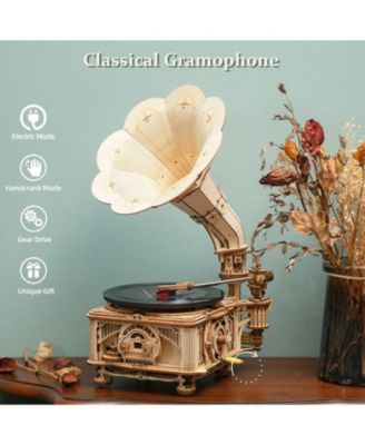 3D Wooden Puzzle Automatic Gramophone Model Kits Electric Mode Self-Assembly Record Player, Beige, 8.89"10.20"16.88"
