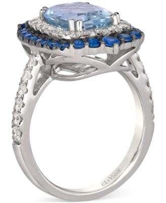 Sea Blue Aquamarine (2-1/2 ct. t.w.), Sapphire (5/8 ct. t.w.), Vanilla Diamond (5/8 ct. t.w.) & Chocolate Diamond Accent Double Halo Ring in Platinum 