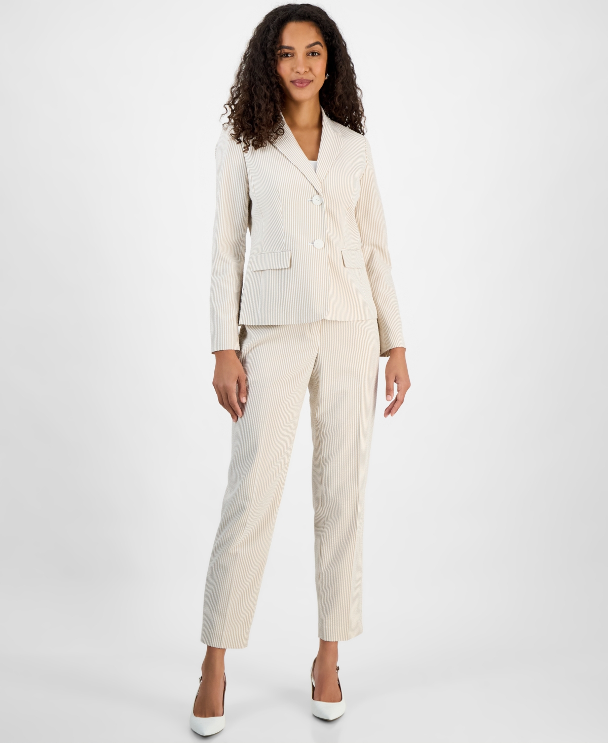 Le Suit Women's Seersucker Two-button Notch-collar & Mid-rise Slim Pants In White,praline