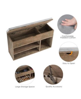 Shoe Storage Bench with Cushion, Entryway Bench with Lift-Top Storage Box and 2 Tiers Open Shoe Rack, Wooden Shoe Bench for Entryway, Bedroom