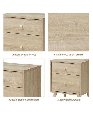 Set of 2 Wood 2-Drawer Beside End Side Table w/Rubber Legs Oak Finish Nightstand