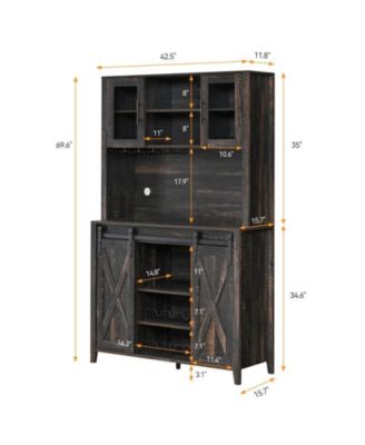 70" Tall Farmhouse Coffee Bar Cabinet, Sliding Barn Doors Wine Bar Cabinet with Storage Shelves, Hutch Cabinet with 6 Bottle Wine Rack and 12 Stemware Slots for Kitchen