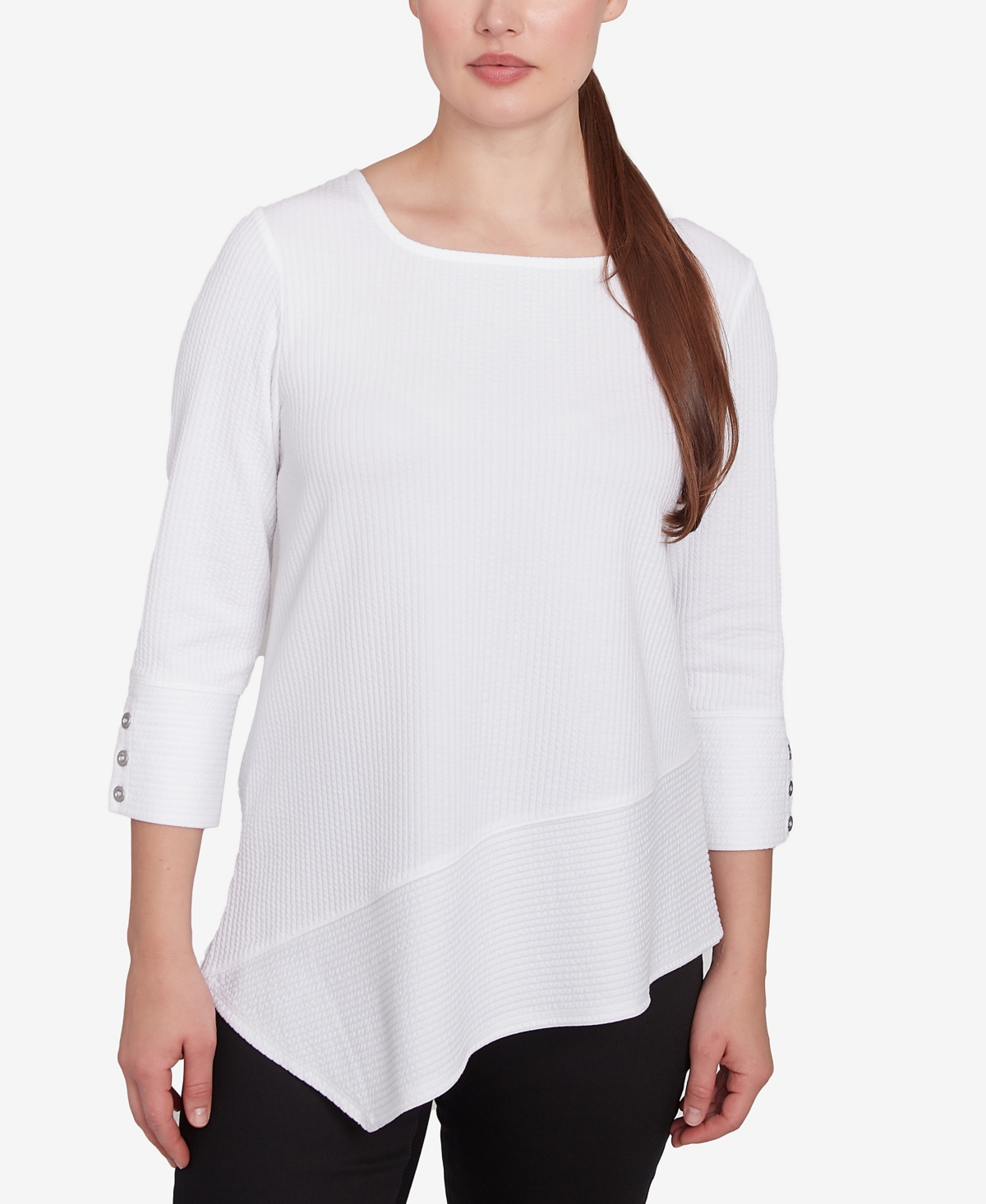 Ruby Rd. Petite Cable Stripe Ottoman Three Quarter Sleeve Top In White