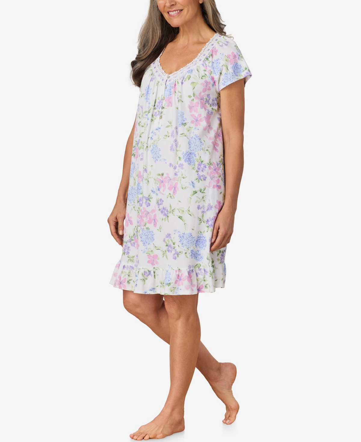 Aria Women's Short Cap Sleeve Nightgown In White Floral