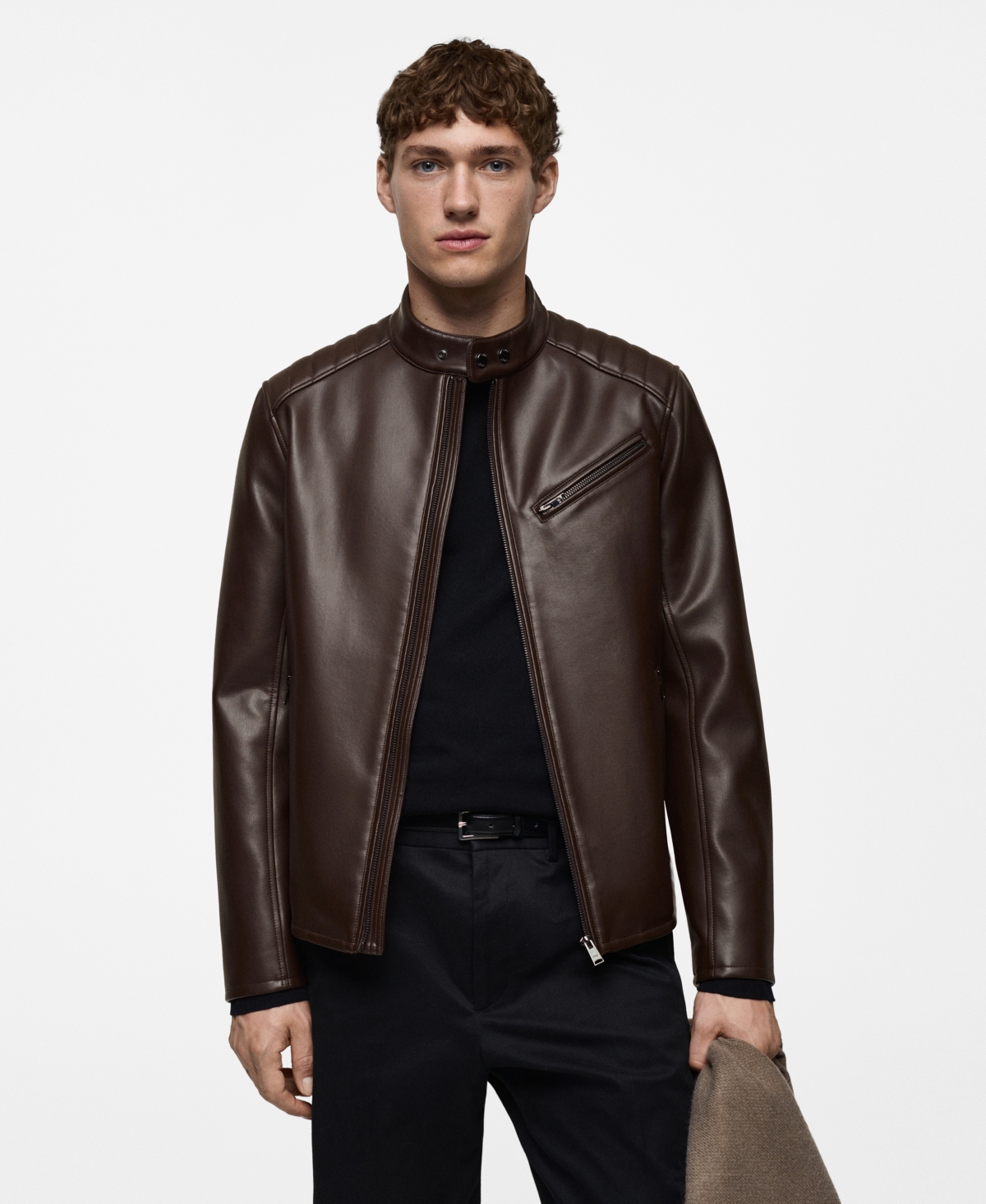 Men's Slim-Fit Leather Effect Jacket - Black