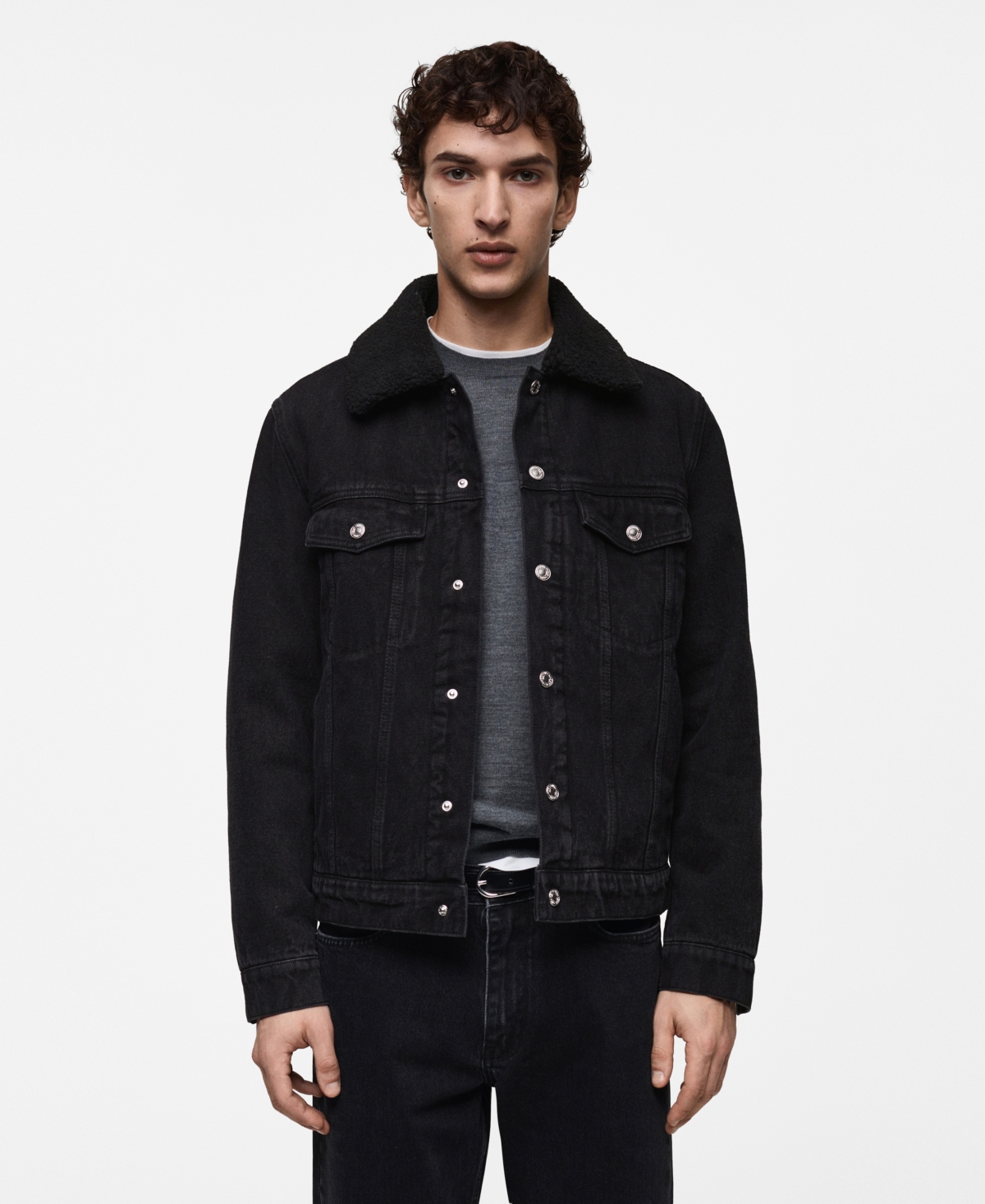 Men's Slim-Fit Shearling-Effect Lining Denim Jacket - Black denim