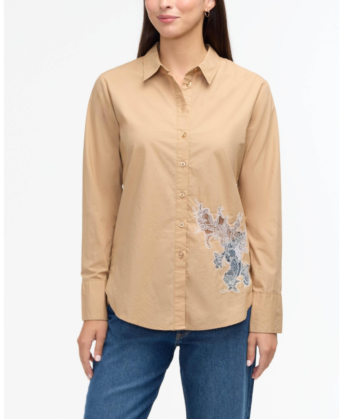 Women s Poplin Shirt with Lace Cutout - Camel