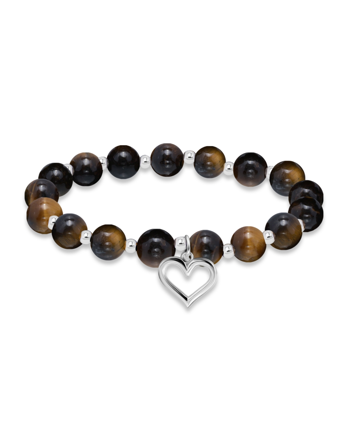 Macy's Silver Plated Beaded Heart Charm Stretch Bracelet In Tigers Eye,silver