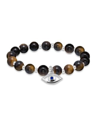 Silver-Plated Beaded Evil Eye Charm Stretch Bracelet