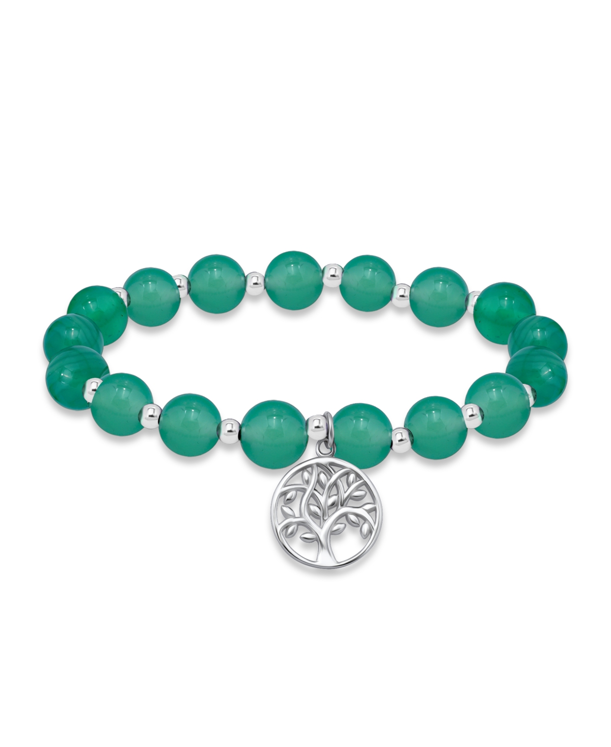 Macy's Silver Plated Beaded Tree Of Life Charm Stretch Bracelet In Green Agate,silver