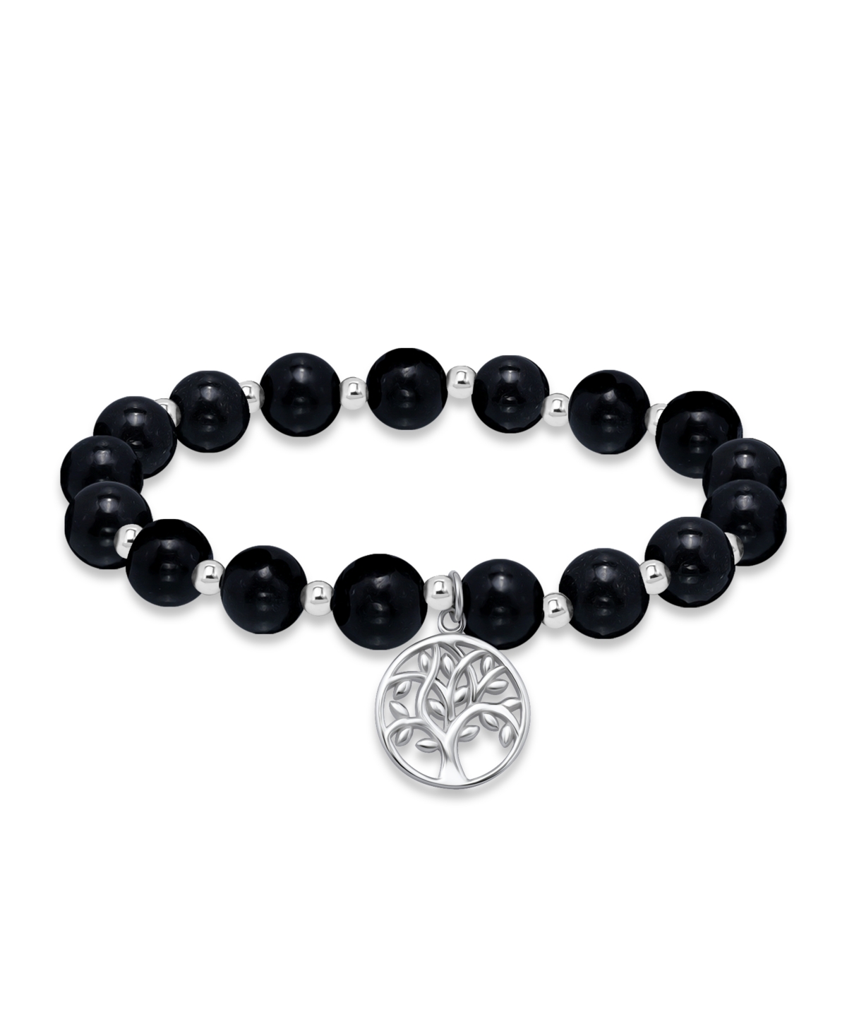 MACY'S MACY'S SILVER-PLATED BEADED TREE OF LIFE CHARM STRETCH BRACELET 