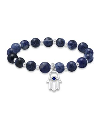 Silver-Plated Beaded Hamsa Hand Charm Stretch Bracelet