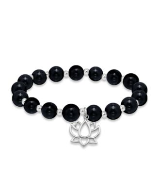 Silver-Plated Beaded Lotus Charm Stretch Bracelet