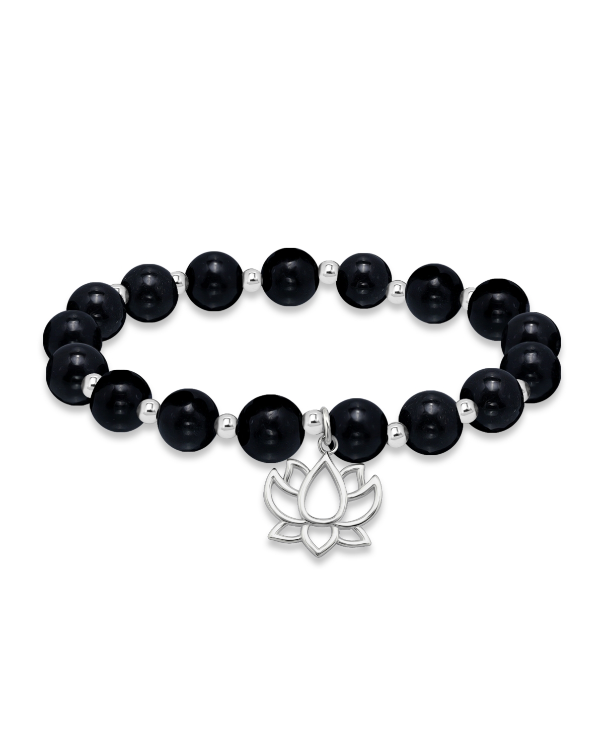 Macy's Silver Plated Beaded Lotus Charm Stretch Bracelet In Onyx,silver