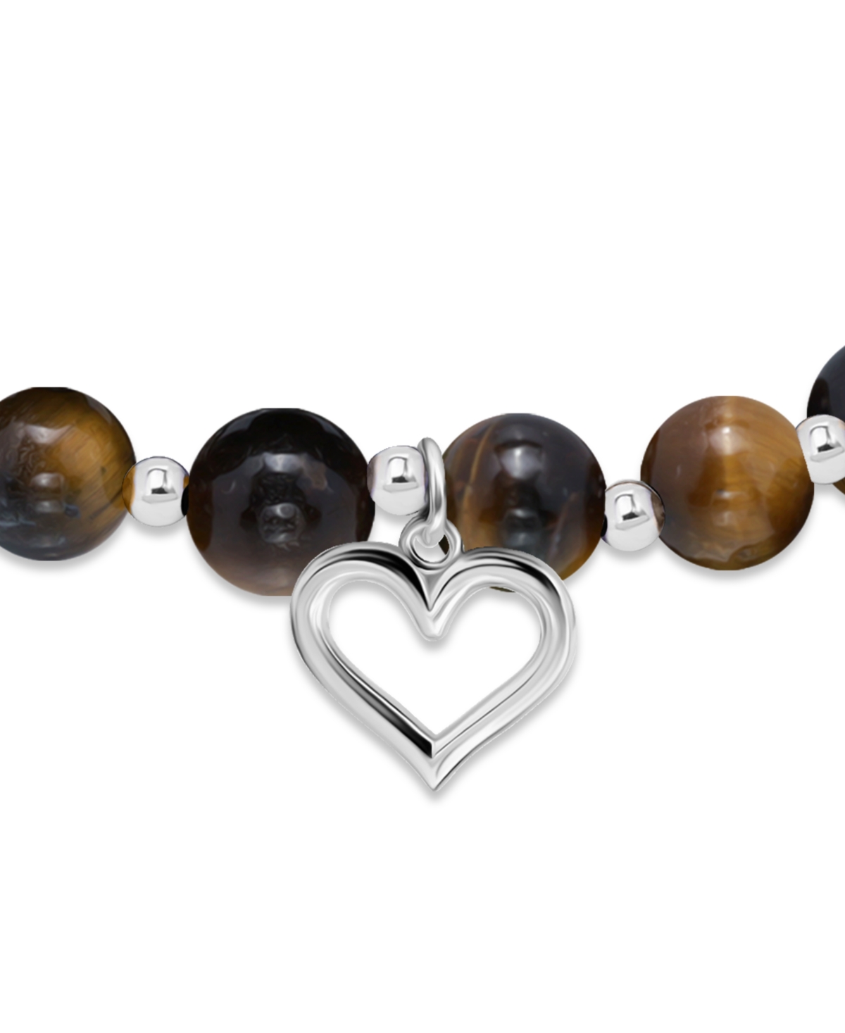 Macy's Silver Plated Beaded Heart Charm Stretch Bracelet In Tigers Eye,silver