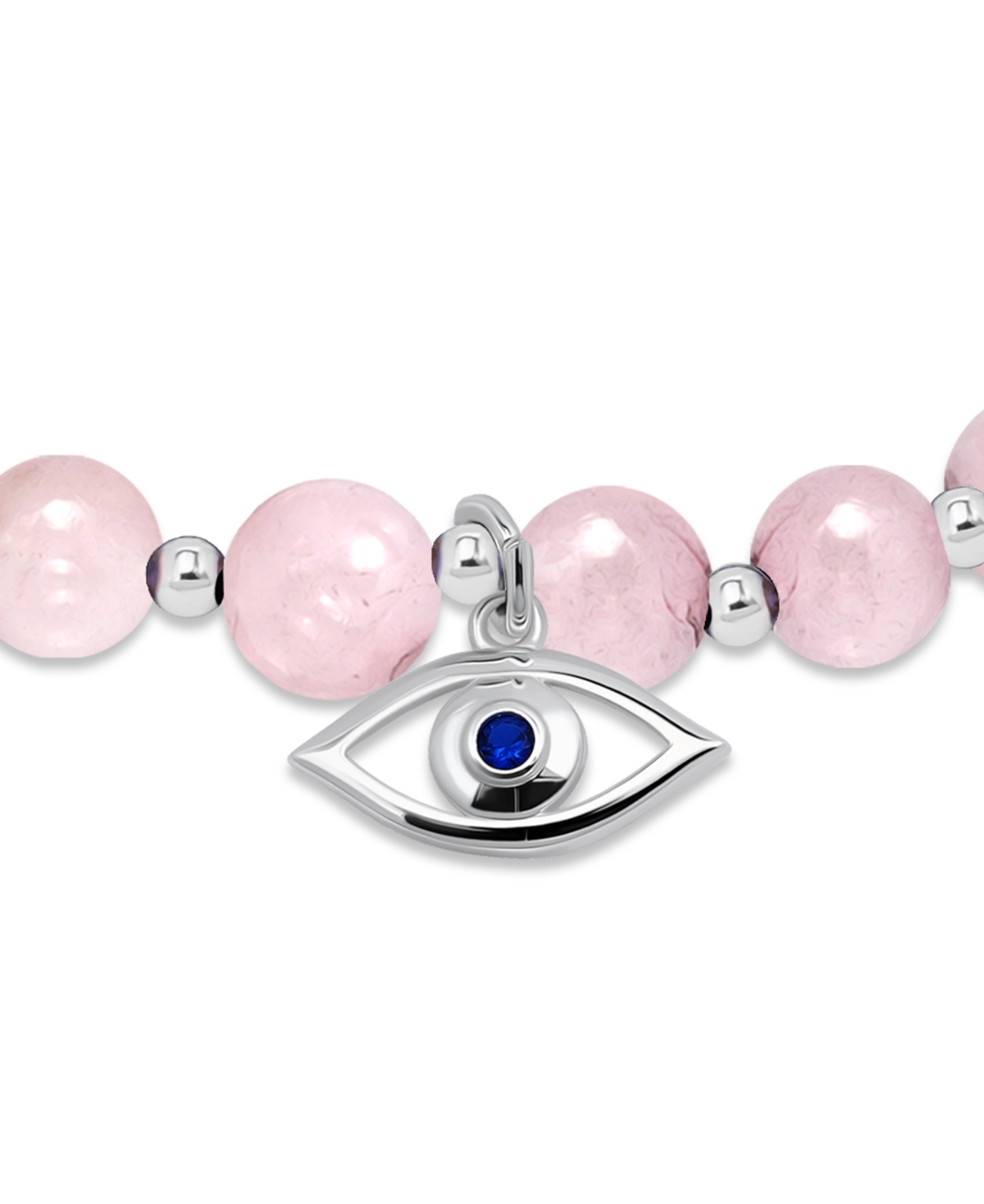 Macy's Silver Plated Beaded Evil Eye Charm Stretch Bracelet In Rose Quartz,silver