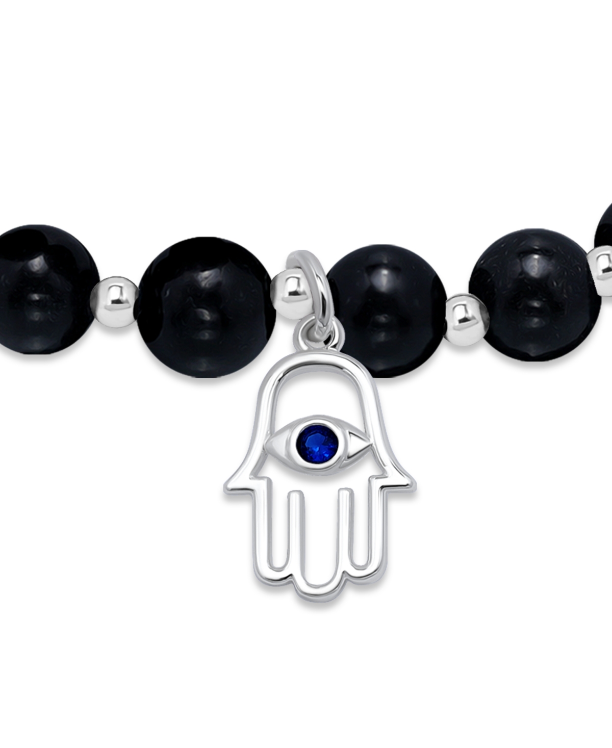 Macy's Silver Plated Beaded Hamsa Hand Charm Stretch Bracelet In Onyx,silver