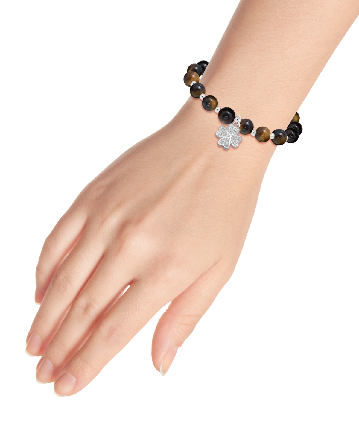 Shop Macy's Silver-plated Beaded Clover Charm Stretch Bracelet In Tigers Eye,silver