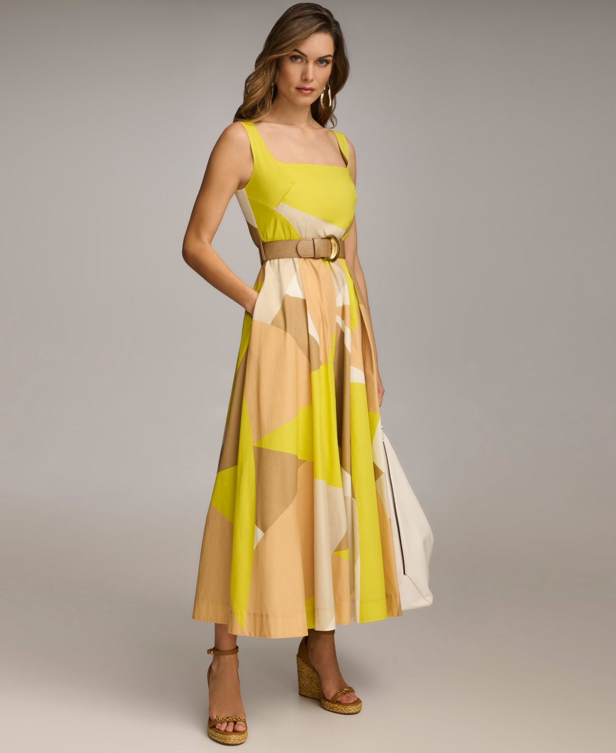 DONNA KARAN PETITE PRINTED BELTED DRESS 