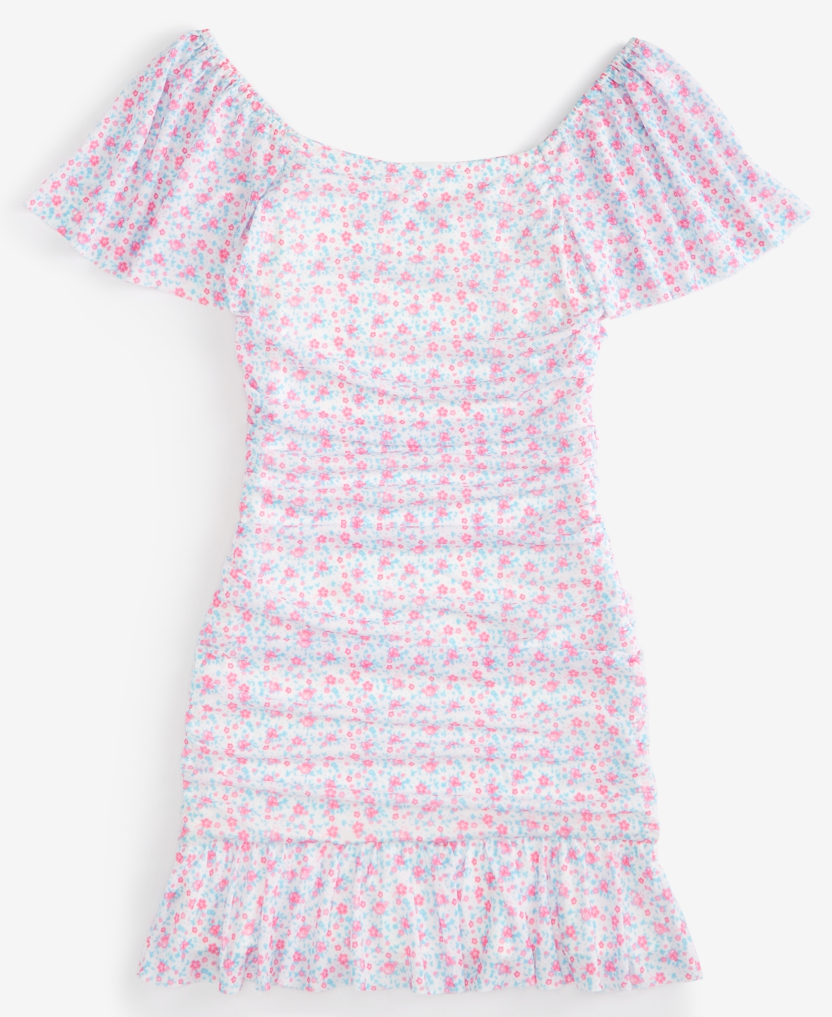 Shop With Jules Big Girls Ruched Flutter-sleeve Mesh Dress In White Flor