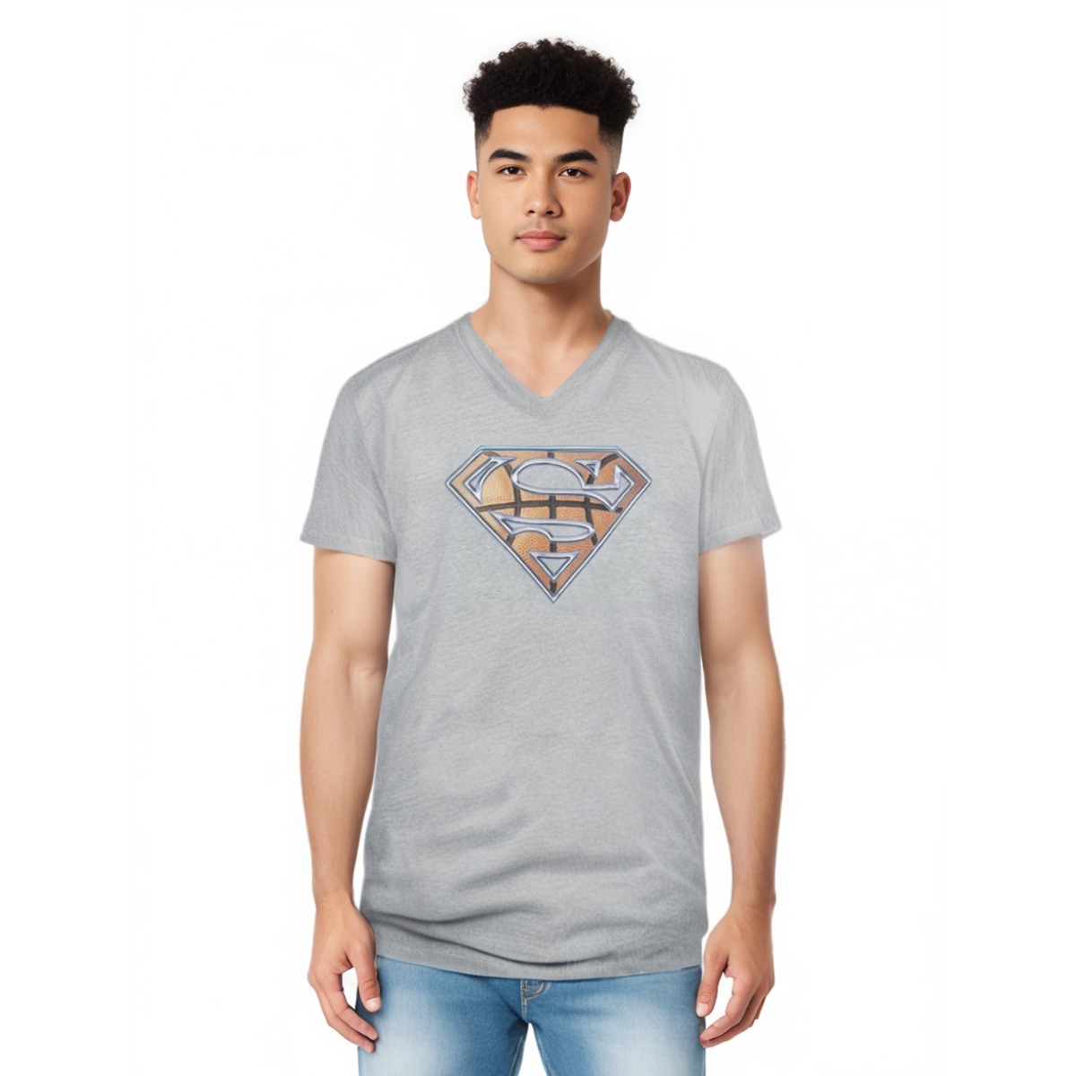 Mens Basketball Shield Short Sleeve Adult V Neck Tee / T-Shirt - Medium grey
