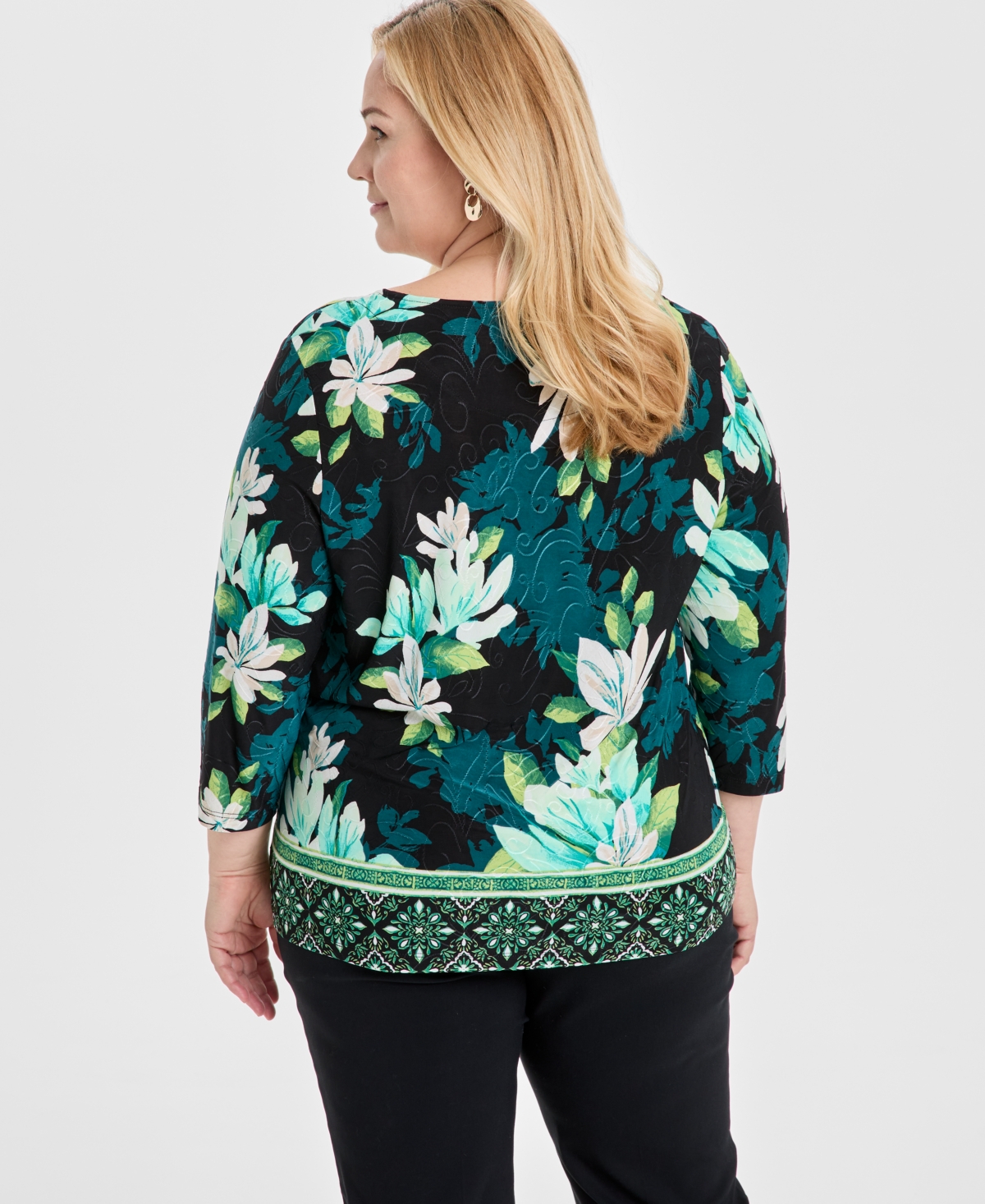 JM COLLECTION PLUS SIZE JACQUARD PRINTED 3/4-SLEEVE TOP, EXCLUSIVELY AT MACY'S 