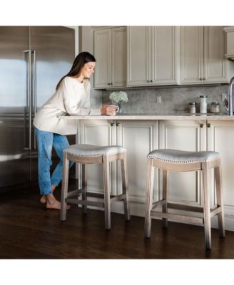 Adrien Saddle Bar Stool in Oak Finish with Ash Grey Fabric Upholstery, Set of 2