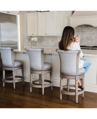 Pullman Counter Stool in Reclaimed Oak Finish with Ash Grey Fabric Upholstery, Set of 4