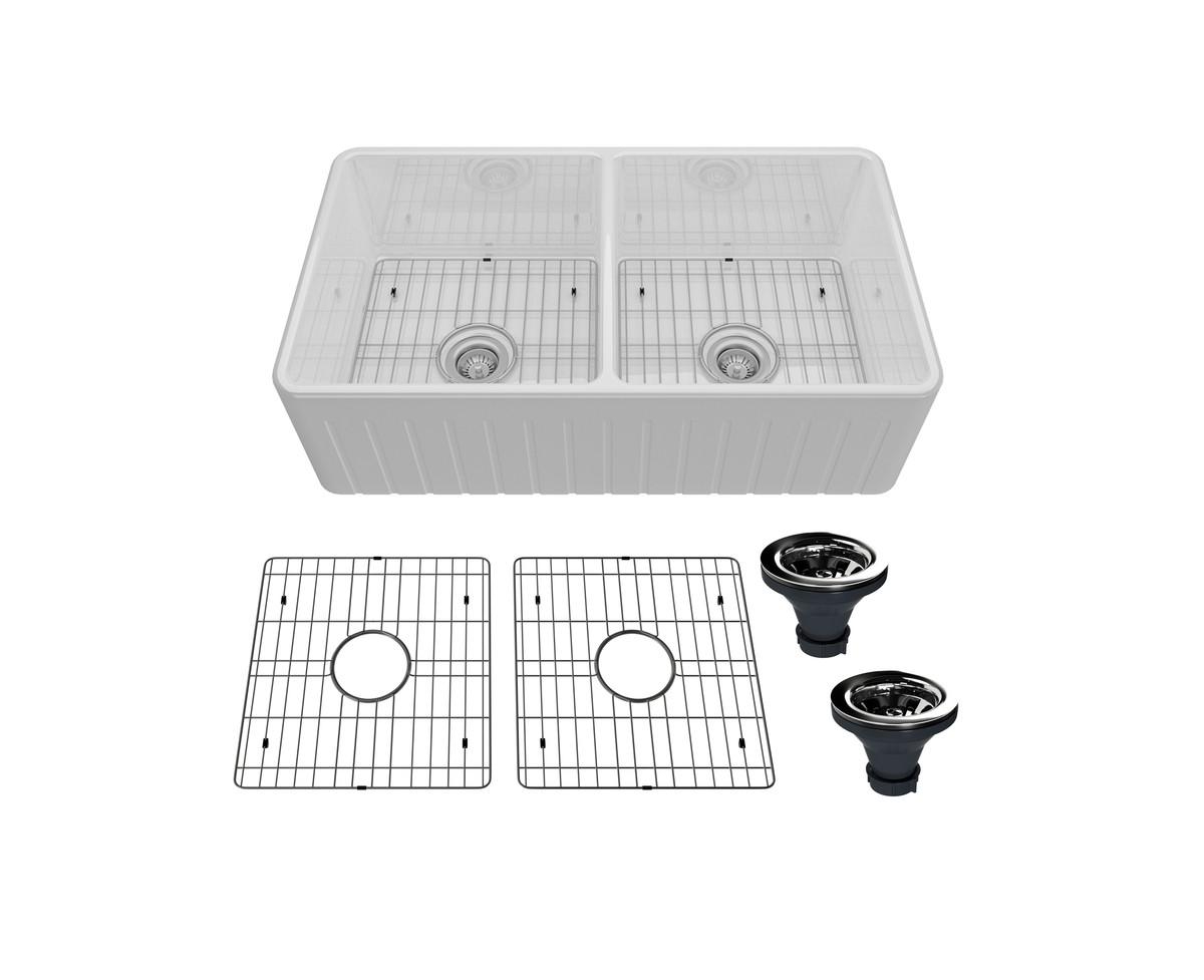 33inch L x 18inch W Double Bowl Fireclay Farmhouse Kitchen Sink with Sink Grid - White