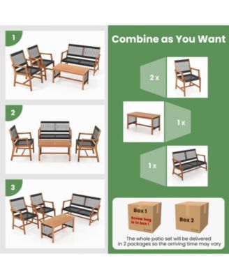 4 Pieces Conversation Set Acacia Wood Loveseat Chair & Table for Patio