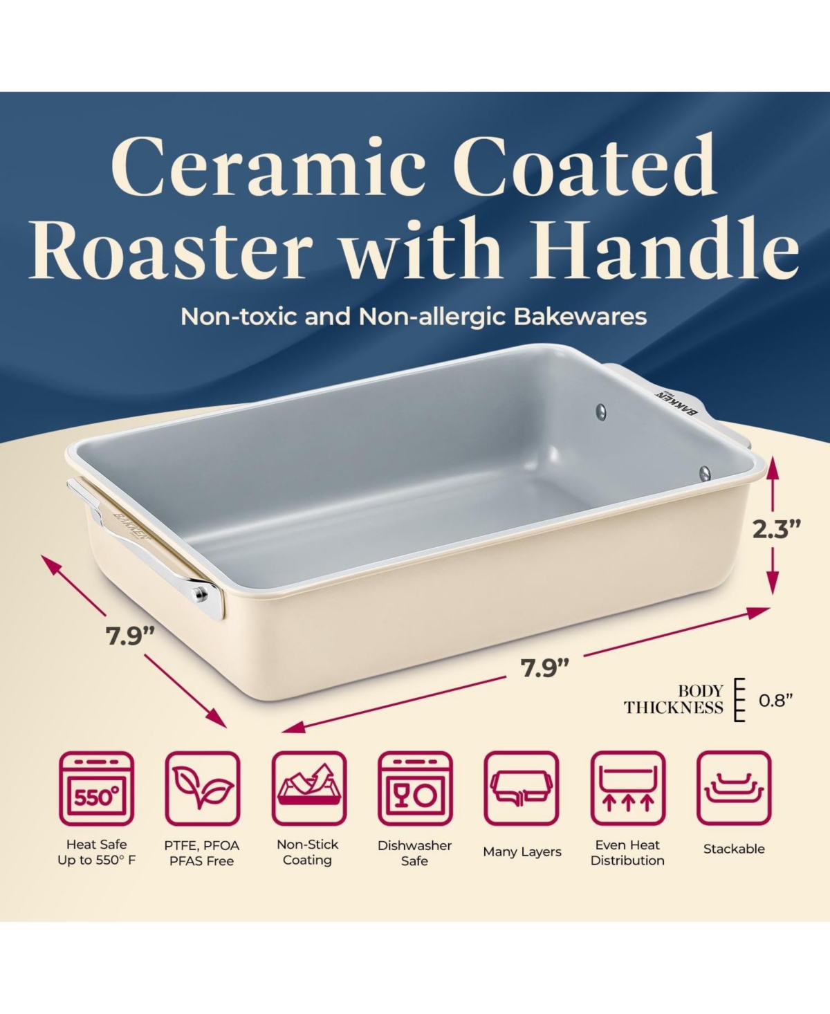 'Premium Non-Stick Ceramic 8"x15.5" Rectangle Pan - Aluminized Steel with Coating, Pfoa & Pfas Free
